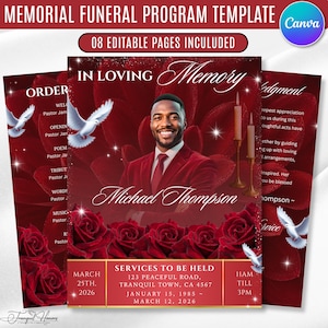 May include: A memorial funeral program template featuring a deep red background with rose petals, white doves, and two lit candles. The center displays a portrait of a man in a red suit, with text reading In Loving Memory, Michael Thompson, and service details.