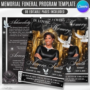 May include: A memorial funeral program template featuring eight editable pages. The design includes black and gold colors, white doves, and text reading In Loving Memory, Aurora Smith, Sunrise January 15, 1980, and Sunset May 5, 2025.