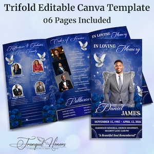 May include: A trifold funeral program template featuring a deep blue sky background with white doves and blue roses. The design includes placeholders for photos, an order of service, and text reading In Loving Memory, Daniel James, and dates.