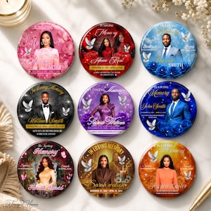 May include: Nine circular memorial ornaments featuring portraits of individuals, decorative floral backgrounds, white doves, and text including names, dates, and the phrases In Loving Memory, Sunrise, and Sunset, arranged in a three-by-three grid.