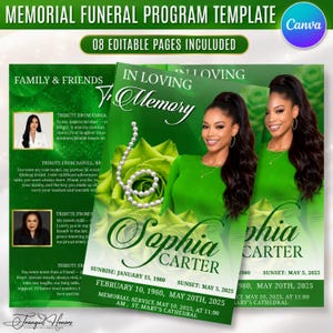 May include: A memorial funeral programme template featuring a green theme with a large rose graphic, a photo of a person, and the text In Loving Memory, Sophia Carter, Sunrise January 15, 1980, Sunset May 5, 2025, and Memorial Service May 10, 2025.