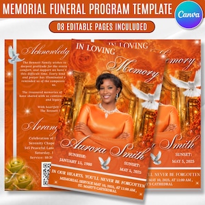 Puede incluir: Una plantilla de programa funerario conmemorativo de ocho páginas editables con fondo de atardecer naranja, palomas blancas y motivos de rosas. El texto incluye In Loving Memory, Aurora Smith, Sunrise 15 de enero de 1980 y Sunset 5 de mayo de 2025.