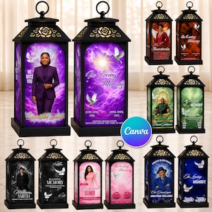 May include: A collection of black metal memorial lanterns featuring decorative rose-cutout tops and hanging loops. Each lantern displays personalized memorial graphics with portraits, doves, and text such as In Loving Memory, names, and dates.