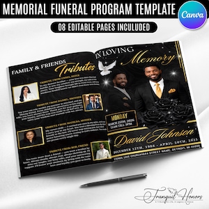 May include: A memorial funeral program template with eight editable pages featuring a black background with gold text, floral accents, and a white dove. The layout includes placeholders for photographs, tributes, and the name David Johnson.