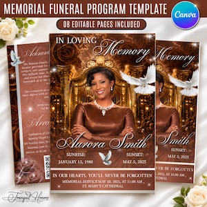Puede incluir: Una plantilla de programa funerario con el retrato de una persona con vestido marrón, sobre un fondo de puerta dorada con palomas blancas, rosas y el texto In Loving Memory, Aurora Smith, Sunrise January 15, 1980, Sunset May 5, 2025.