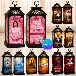 May include: A collection of black metal memorial lanterns featuring decorative rose cutouts on the top. Each lantern displays personalized photo portraits, floral backgrounds, white doves, and text such as In Loving Memory and names.