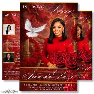 Può includere: Un programma per servizio commemorativo con il ritratto di una persona in maglia rossa, circondato da rose rosse, colonne dorate e una colomba bianca. Il testo recita IN LOVING MEMORY, Samantha David, 10 febbraio 1980, 20 maggio 2025 e dettagli.