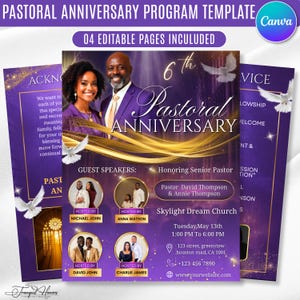 May include: A purple and gold pastoral anniversary programme template featuring four editable pages. The design includes photos of a pastor and spouse, guest speakers, white doves, and text detailing the 6th anniversary event at Skylight Dream Church.
