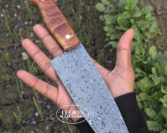 Olive Wood Chef Knife, Damascus Steel Outdoor BBQ Kitchen