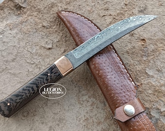 Damascus Steel Tanto Knife: Handmade Wenge Wood Handle, Leather Sheath