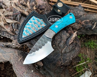 Hand Engraved 440C Stainless Steel Bushcraft Knife: Turquoise Handle, Leather Sheath