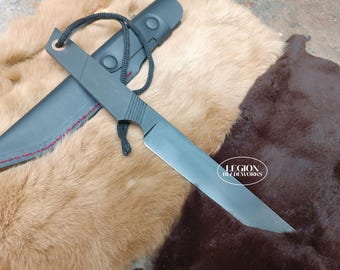 Handmade D2 Steel Tanto Knife: Full Tang, Leather Sheath