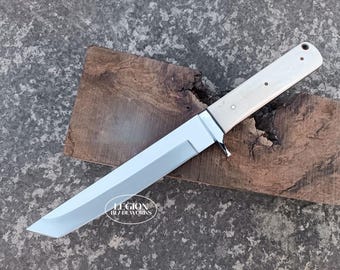 Handmade D2 Tool Steel Tanto Knife: Camel Bone Handle, Leather Sheath