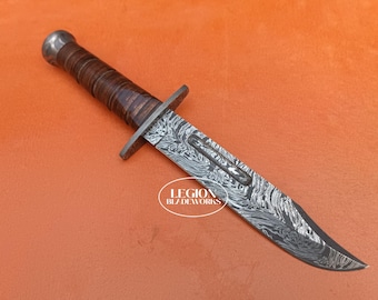 Handcrafted Damascus Steel Bowie Knife: Leather Sheath, K-Bar Style
