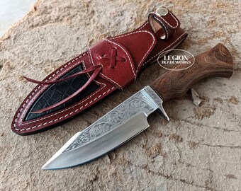 Hand Engraved D2 Steel Hunting Knife: Rosewood Handle, Leather Sheath