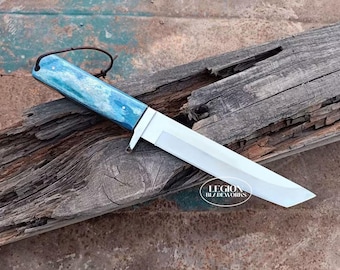 Handmade D2 Steel Tanto Knife: Dyed Camel Bone Handle, Leather Sheath