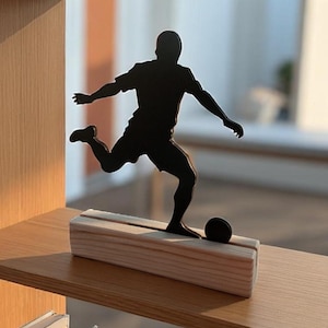 Soccer Player Silhouette Statue: Matte Black Wood, Natural Pine Base