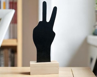 Peace Sign Hand Statue: Boho Pine Wood Desk Decor