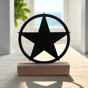 May include: A black star within a circular frame, mounted on a rectangular wooden base. The star has five points and is centered within the circle. The wooden base is light brown. The object casts a shadow on the beige carpet.