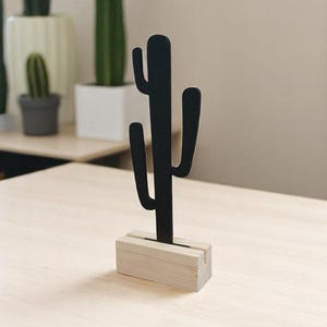 Cactus Silhouette Decor: Pine Wood Base, Minimalist Desert Art