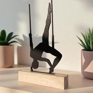 Trapeze Acrobat Statue: Wooden Base Art Sculpture - Gymnastics Decor