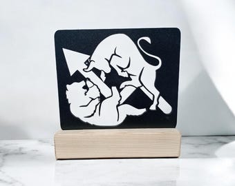 Bull vs Bear Wooden Shelf Decor: Stock Market Statue, Trader Gift