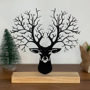 Metal Deer Sculpture with Tree Antlers: Rustic Woodland Decor
