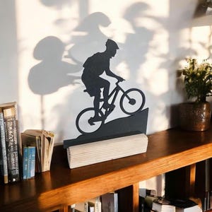 Mountain Biker Statue, Wooden Cycling Decor, Bicycle Lover Gift, MTB Desk Art, Cyclist Silhouette, Sports Room Decor, Trail Rider Sculpture