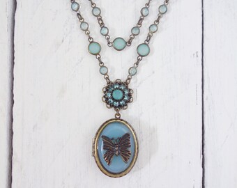 Vintage Avon Butterfly Locket Pendant Necklace - Turquoise Rhinestones Diamontes Bronze Non Tarnish Finish