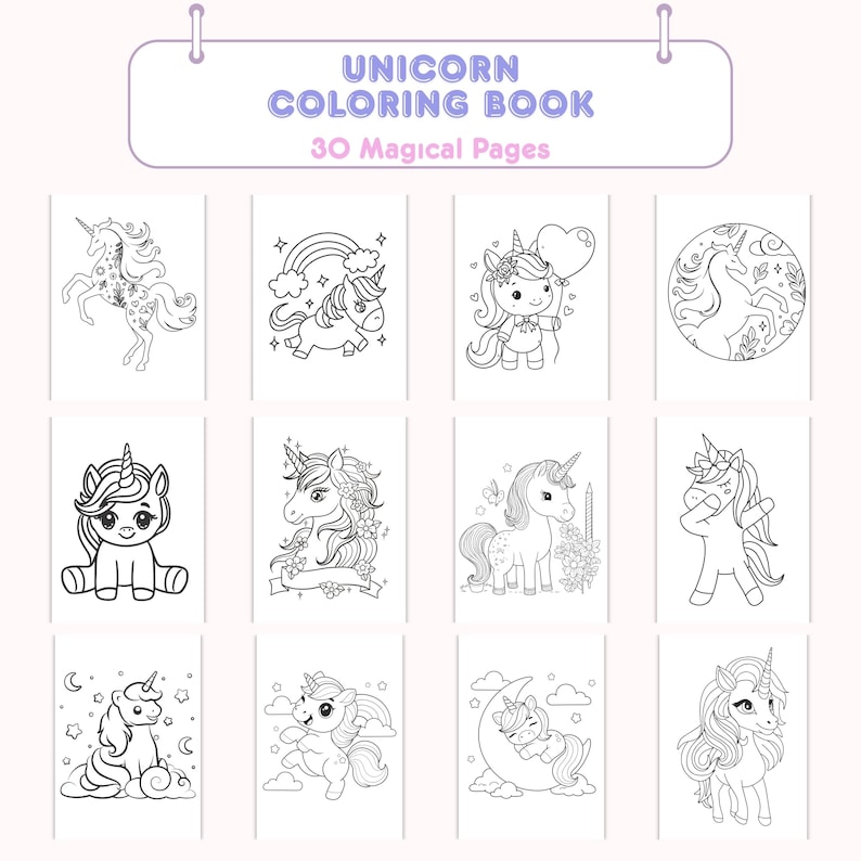 Unicorn Coloring Book: 30 Magical Pages for Girls (PDF Digital Download ...