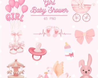 Baby Shower Girl Watercolor Clipart, Pink Watercolor PNG for Invitations & Crafts
