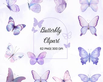 Paquete de imágenes prediseñadas de mariposas en acuarela / Gráficos para invitaciones de boda / PNG para uso comercial / Diseño floral / Descarga instantánea