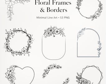 Florale Rahmen & Bordüren Clipart – Minimale Line Art Blumen – Botanische Hochzeitseinladungselemente – 53 PNG