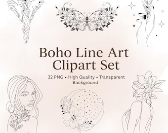 Boho Line Art Clipart Set | Minimalist Woman, Floral & Celestial Illustrations | 32 PNG