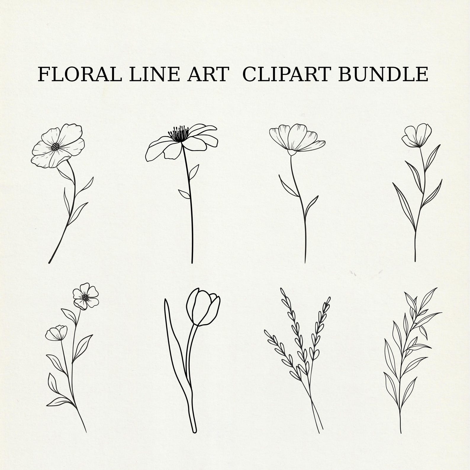 Floral Line Art Clipart Bundle | Minimal Botanical Flowers & Leaves ...