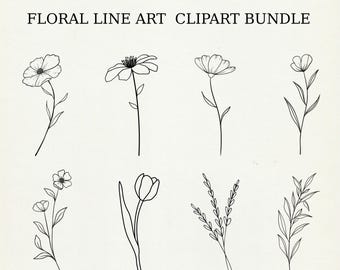 Paquete de imágenes prediseñadas de arte lineal floral / Flores y hojas botánicas minimalistas / Descarga digital PNG