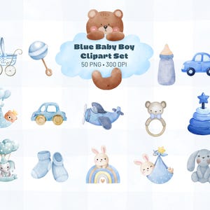 Conjunto de Cliparts para Chá de Bebê de Menino | 50 Arquivos PNG | Convites para Chá de Bebê | Download Digital