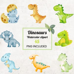 Conjunto de imágenes prediseñadas de dinosaurios de acuarela / 45 archivos PNG / Decoración para fiestas infantiles y guarderías / Descarga digital
