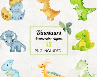 Watercolor Cartoon Dinosaur Clipart Set | 45 PNG Files | Kids Party & Nursery Decor | Digital Download