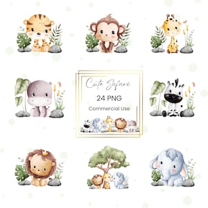 Ensemble de cliparts Sweet Safari aquarelle | Animaux de safari mignons PNG | Téléchargement numérique pour chambre de bébé et baby shower
