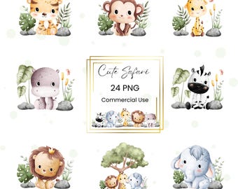 Watercolor Safari Animals Clipart: Jungle Nursery PNG (Digital Download)