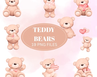 Neutral Teddy Bear Clipart | Watercolor Baby Bear PNG | Nursery Decor Digital Download