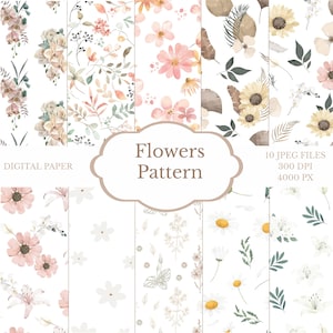 Boho Floral Digital Paper Pack - Soft Watercolor Flowers Patterns, Seamless Floral Backgrounds for Scrapbooking, Invitations, Stickers