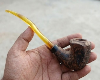 Handgemaakte wengéhouten rookpijp – zeshoekige gesneden kom met amberkleurige acrylsteel – met houten kist