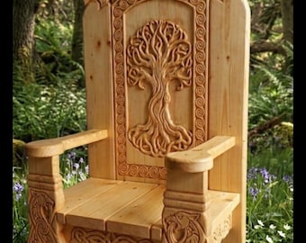 Trono Viking de 1,6 m esculpido à mão em pinho maciço – Obra-prima portátil