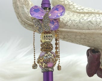 Purple Beaded Metal Pen |Butterfly Topper | Glam Desk Assessory