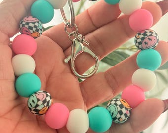 Smiley Face Checkered Silicone Beaded Wristlet Keychain