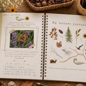 May include: A spiral-bound nature journal open to two pages. The left page features a photograph of a butterfly on lavender, handwritten text, and the heading Week of: 13th-19th May. The right page is titled My nature journal and displays illustrations of leaves, a pinecone, a butterfly, a snail, and a bird on a branch.