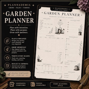 May include: A digital garden planner in a dark academia style. The planner includes sections for garden overview, planting schedule, garden layout, watering schedule, and pest & disease tracker. The text on the planner reads "Plan with intention. Plant with purpose. Grow with patience."