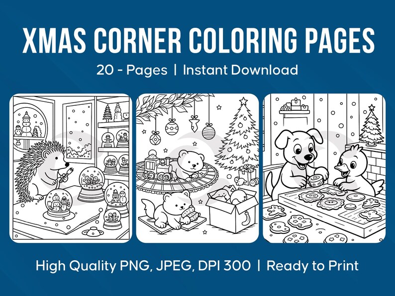 Xmas Christmas Coloring Pages for Kids, 20 Cute Holiday Animal Scenes